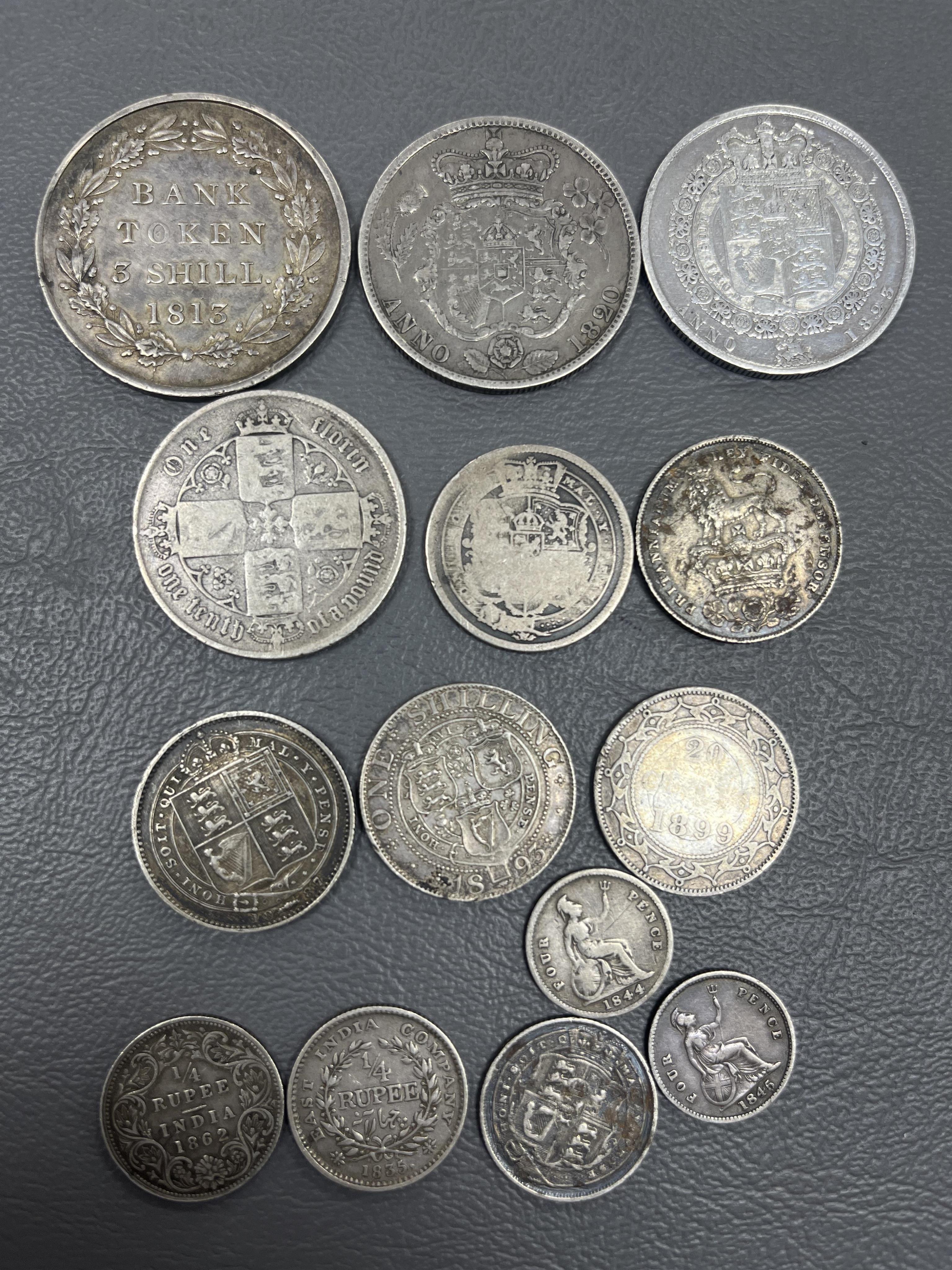 British and British India silver coins, George III to Victoria, including George III 3 shilling bank token, 1813, VF, two George IV silver halfcrowns, 1820 and 1823, Gothic florin etc.